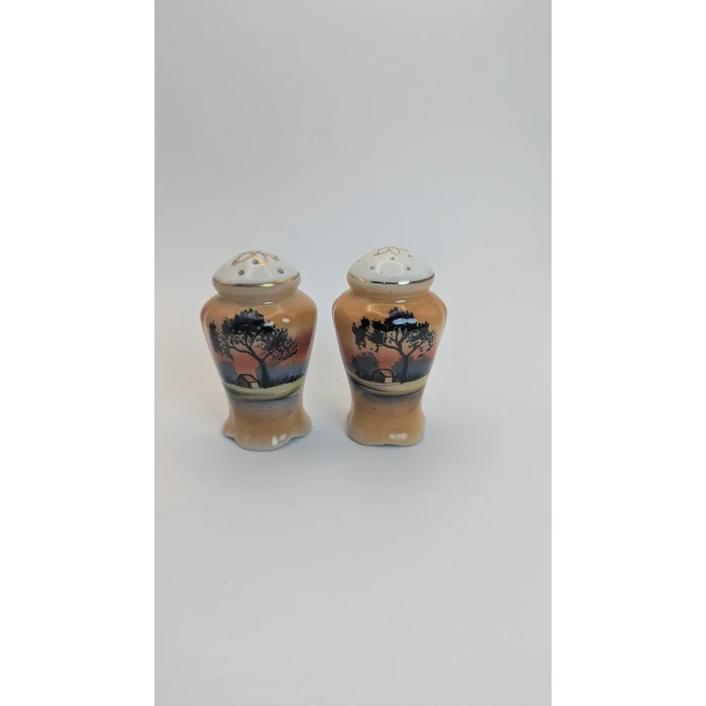 Vintage Japan Porcelain Salt and Pepper Shakers Hand Painted Sunset Landscape 3